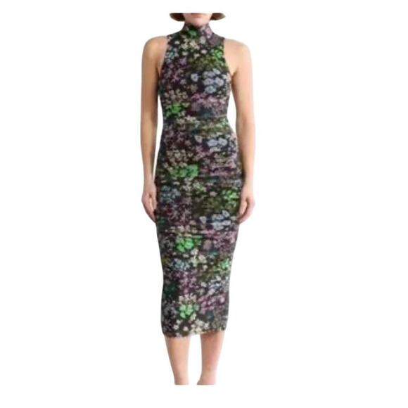 NEW Afrm floral midi bodycon mock neck black midi Katia dress medium - Picture 2 of 10